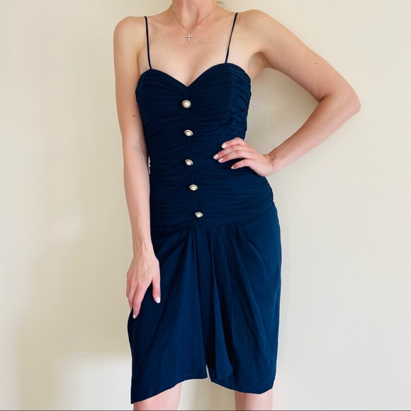 Vintage ST. GILLIAN NAVY BLUE SILK THIN STRAP Mini PARTY DRESS button front - Picture 2 of 7